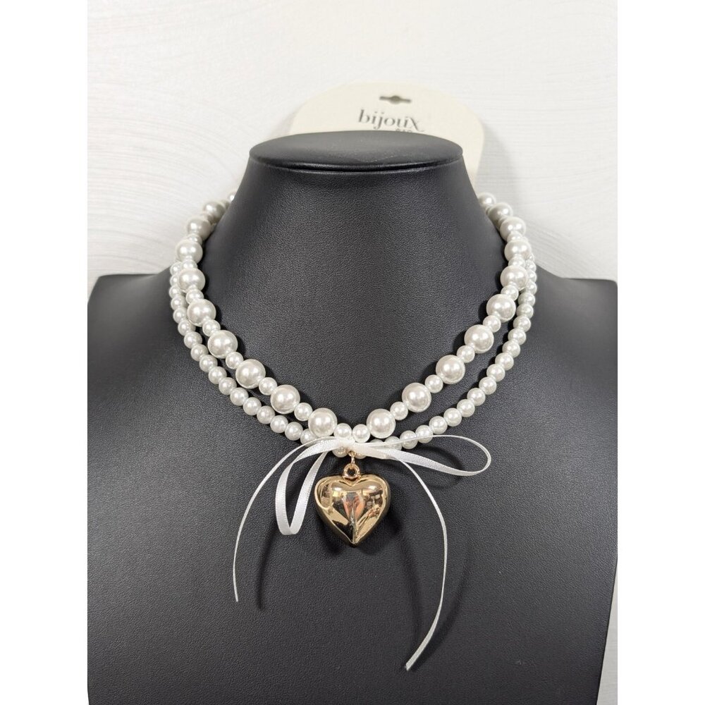 Bijoux Bar White Faux Pearl Double Strand Puffy Heart Charm Bow Necklace 18 in